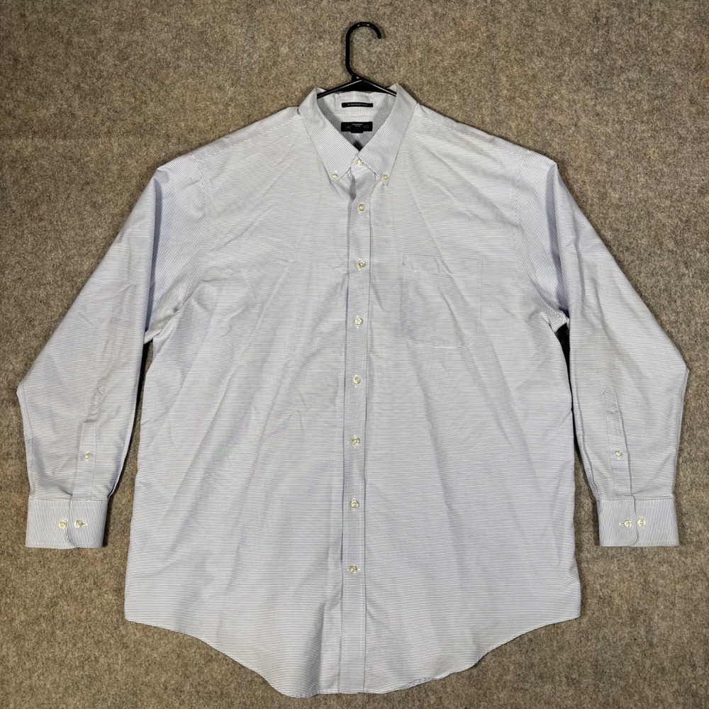 Lands' End Button Down Mens 18-35 Blue Striped No Iron Supima Pinpoint Oxford